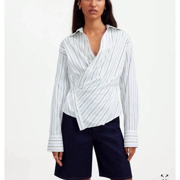 NEW Madewell Asymmetric Button-Up Shirt Twist-Front Striped Hydrangea Top 10 - Picture 1 of 12